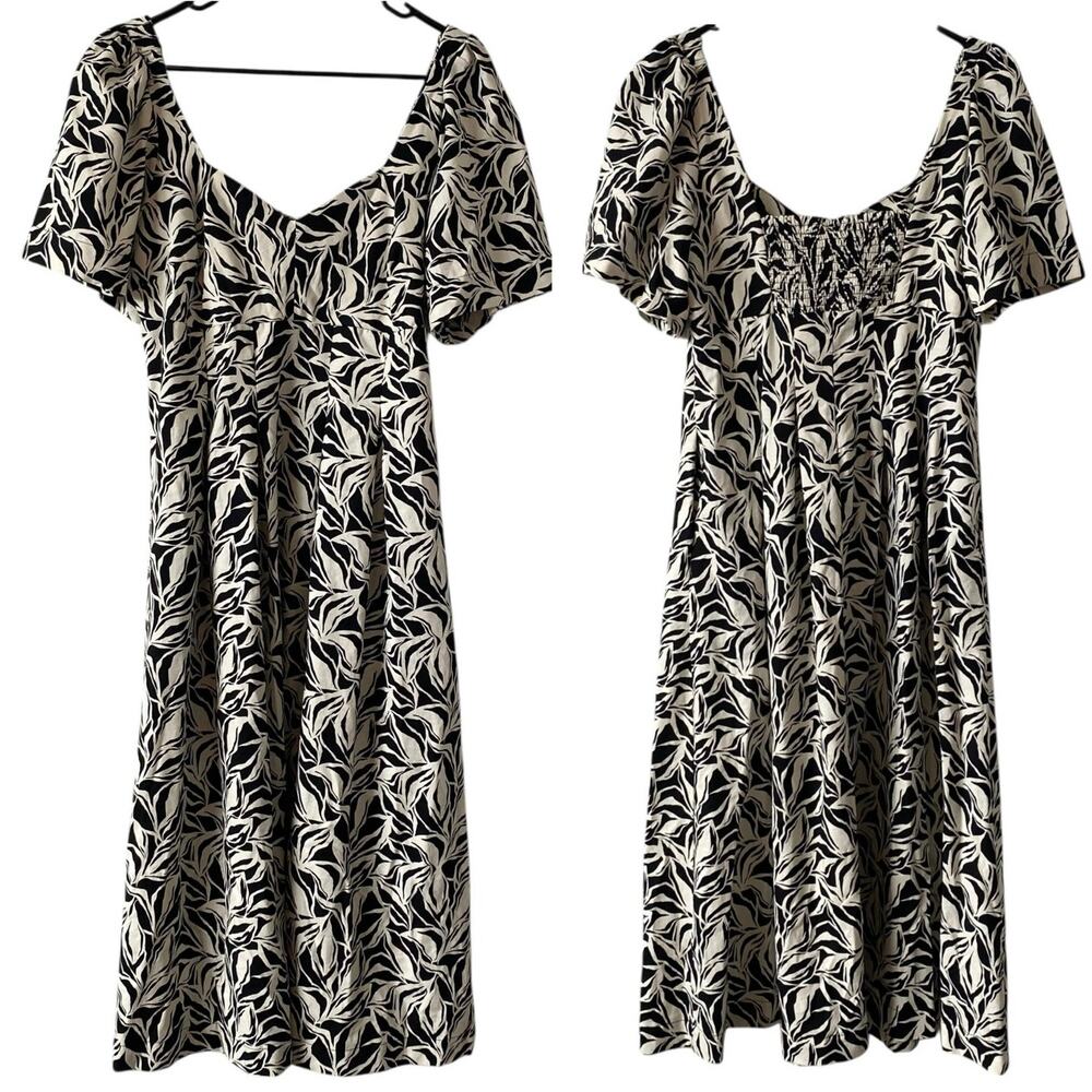 A NEW DAY NWOT Floral Puff Sleeve Midi Dress Black Cream Size 10 Sweetheart Neck